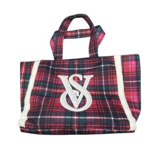 Victorias Secret Red Plaid Tote Bag With Sherpa Detailing & Logo Patch READ